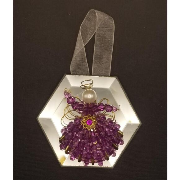 Vintage Beaded Angel Ornament on Octagon Mirror 3.5" Beads Handmade Purple - Picture 1 of 5